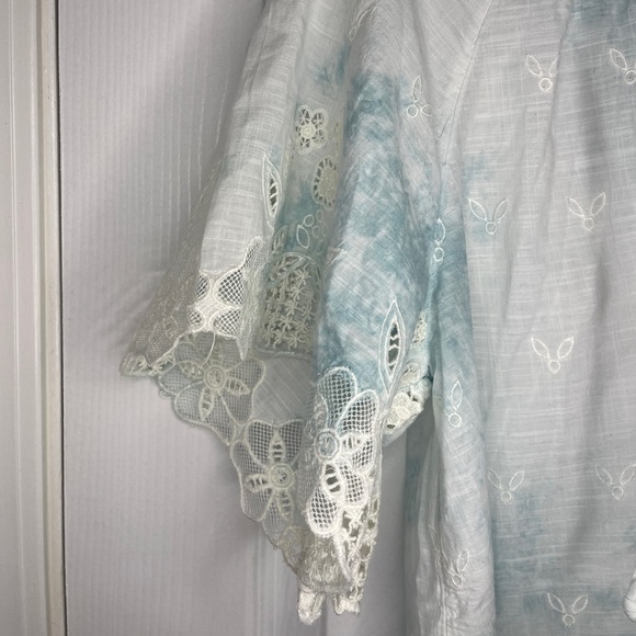 Anthropologie Lace Trimmed Tie Dye and Embroidered Cotton Tie Neck Top - Picture 7 of 15